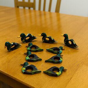 Wood Duck Napkin Ring Set Hand Painted Vintage Mallard Decor Rustic Table Accent